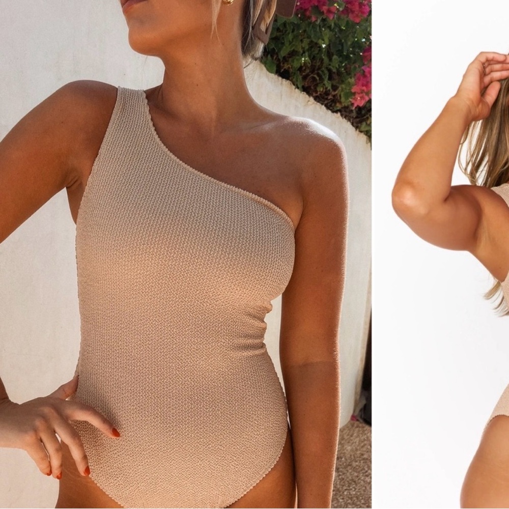 One-Shoulder Beige Show me your mumu Ribbed Swimsuit